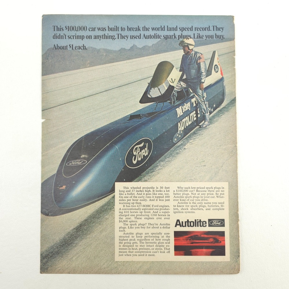 VTG Ford Autolite Advertising Print Ad Land Speed Record Mickey Thompson Upcycle